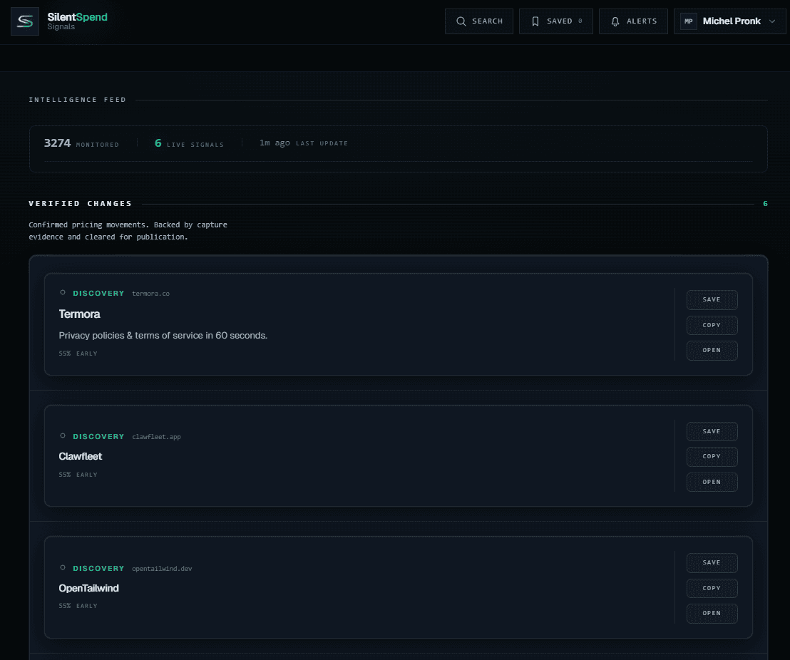 SilentSpend signal feed showing monetization movement tracking
